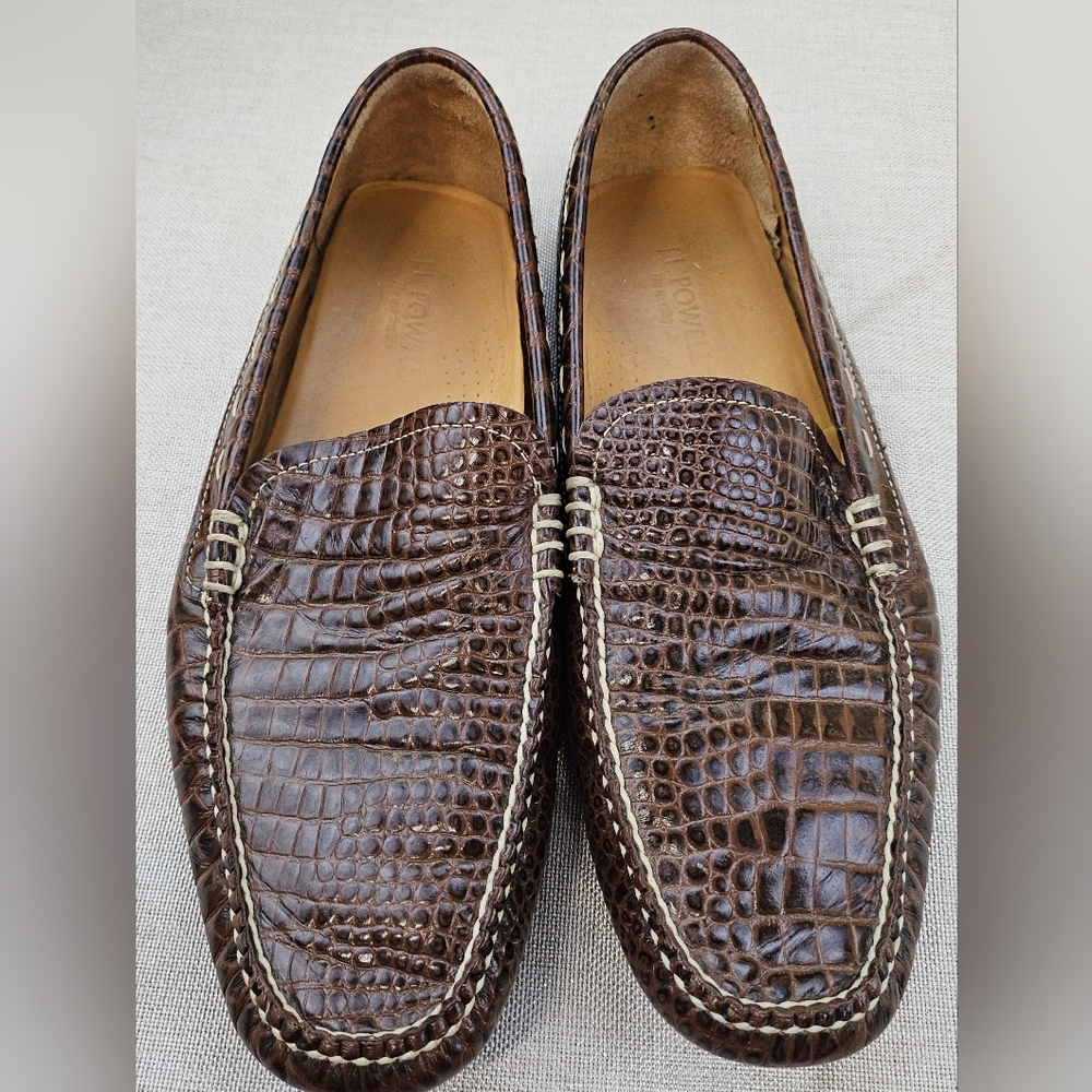 J.L. Powell Brown Slip‎ On Loafers Alligator Print Driving Shoes Mens 9.5M